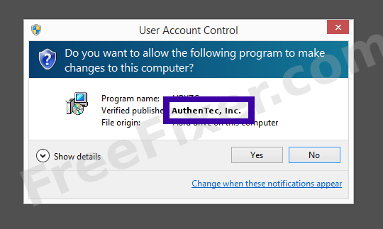 Screenshot where AuthenTec, Inc. appears as the verified publisher in the UAC dialog